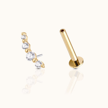 14K Solid Gold Graduated CZ Wave Arc Climber Threadless Labret Flat Back Earring