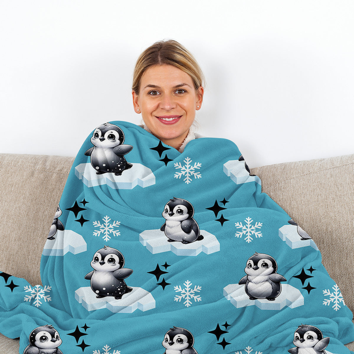 1pc Cute Penguin Snow Cloud Pattern Blue Winter Sofa Blanket Printed Flannel Blanket Comfortable And Warm Home Hugging Blanket Suitable For Bed Sofa Camping And Multi Scene Seasonal Use