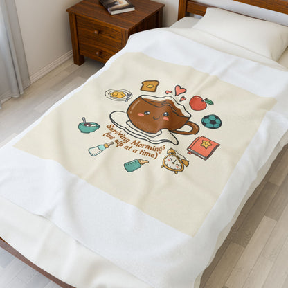 Surviving Mornings Coffee Mug Illustration Velveteen Plush Blanket | Parenting Morning Humor