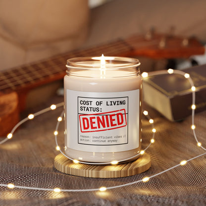 Cost of Living: DENIED Candle, receipt aesthetic, budget humor