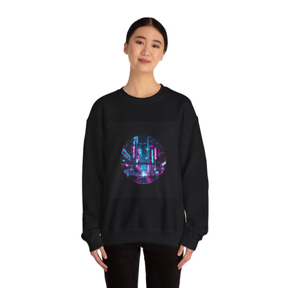 Neon Cyberpunk Skyline Sweatshirt | synthwave cityscape, future city art