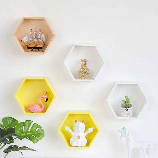 Nordic Hexagon Solid Wood Wall Shelf - Geometric Floating Decorative Display Rack