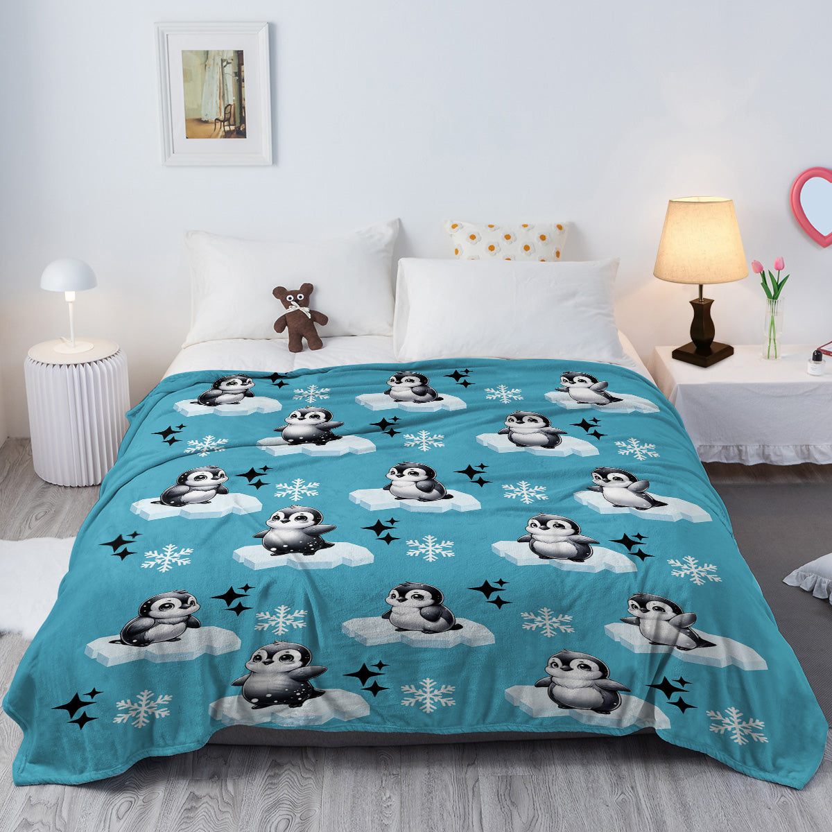 1pc Cute Penguin Snow Cloud Pattern Blue Winter Sofa Blanket Printed Flannel Blanket Comfortable And Warm Home Hugging Blanket Suitable For Bed Sofa Camping And Multi Scene Seasonal Use