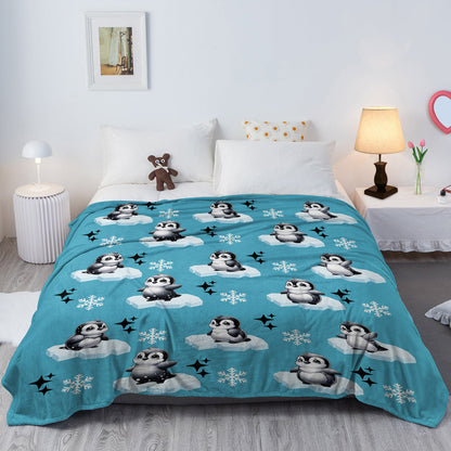 1pc Cute Penguin Snow Cloud Pattern Blue Winter Sofa Blanket Printed Flannel Blanket Comfortable And Warm Home Hugging Blanket Suitable For Bed Sofa Camping And Multi Scene Seasonal Use