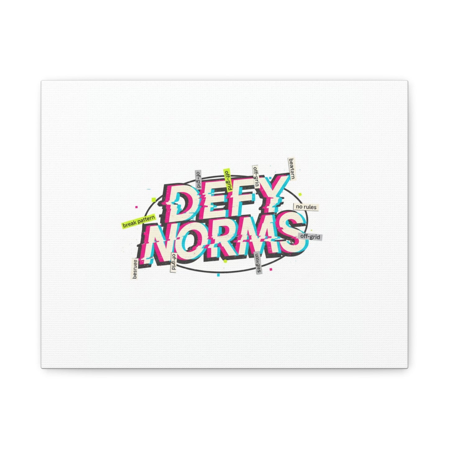 Defy Norms Canvas, Anti-Aesthetic Glitch Typography, Brutalist Poster Style