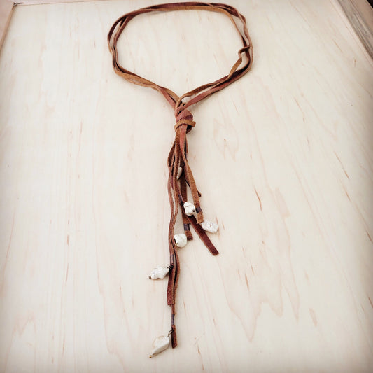Rustic Knotted Leather Cord Necklace with White Turquoise 263L