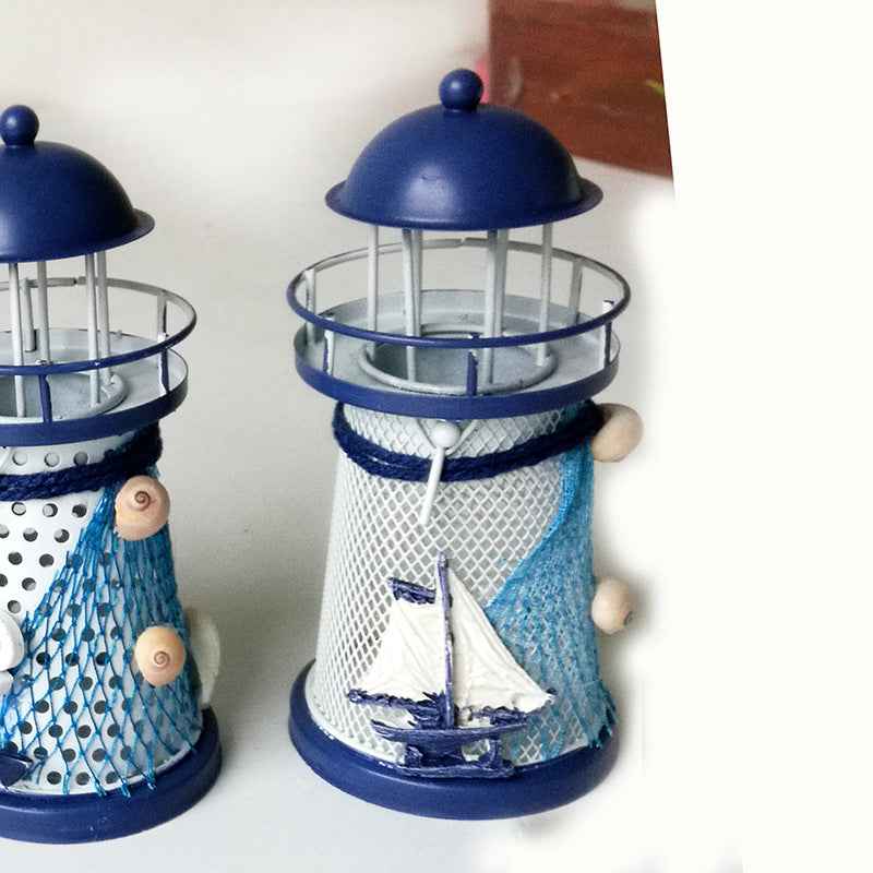 Mediterranean Style Round Hole Wrought Iron Lighthouse Candlestick