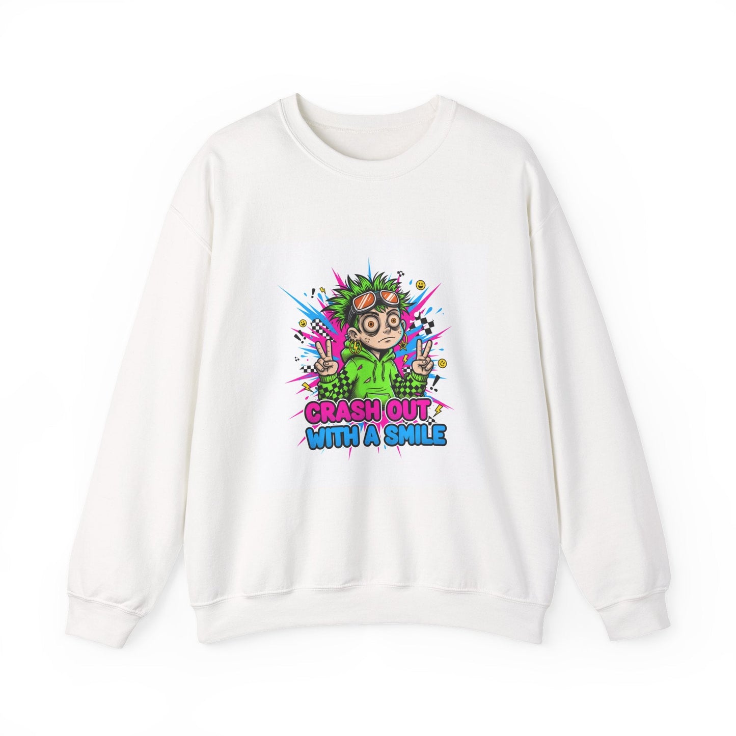 Crash Out With a Smile Sweatshirt | neon graffiti, meltdown streetwear