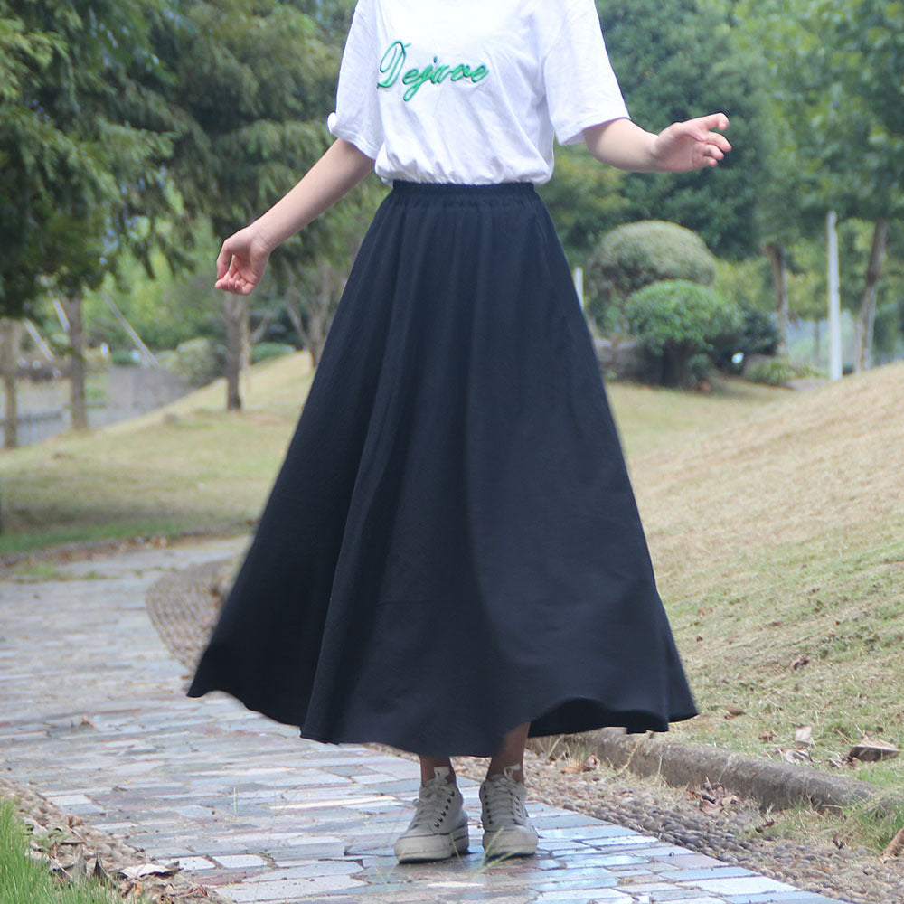Washed Cotton And Linen Skirt Solid Color Elastic Waist With Big Swing Zou Ma