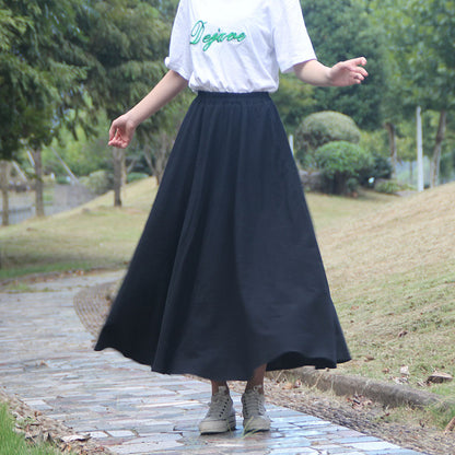 Washed Cotton And Linen Skirt Solid Color Elastic Waist With Big Swing Zou Ma