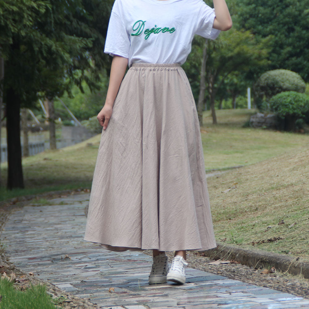 Washed Cotton And Linen Skirt Solid Color Elastic Waist With Big Swing Zou Ma