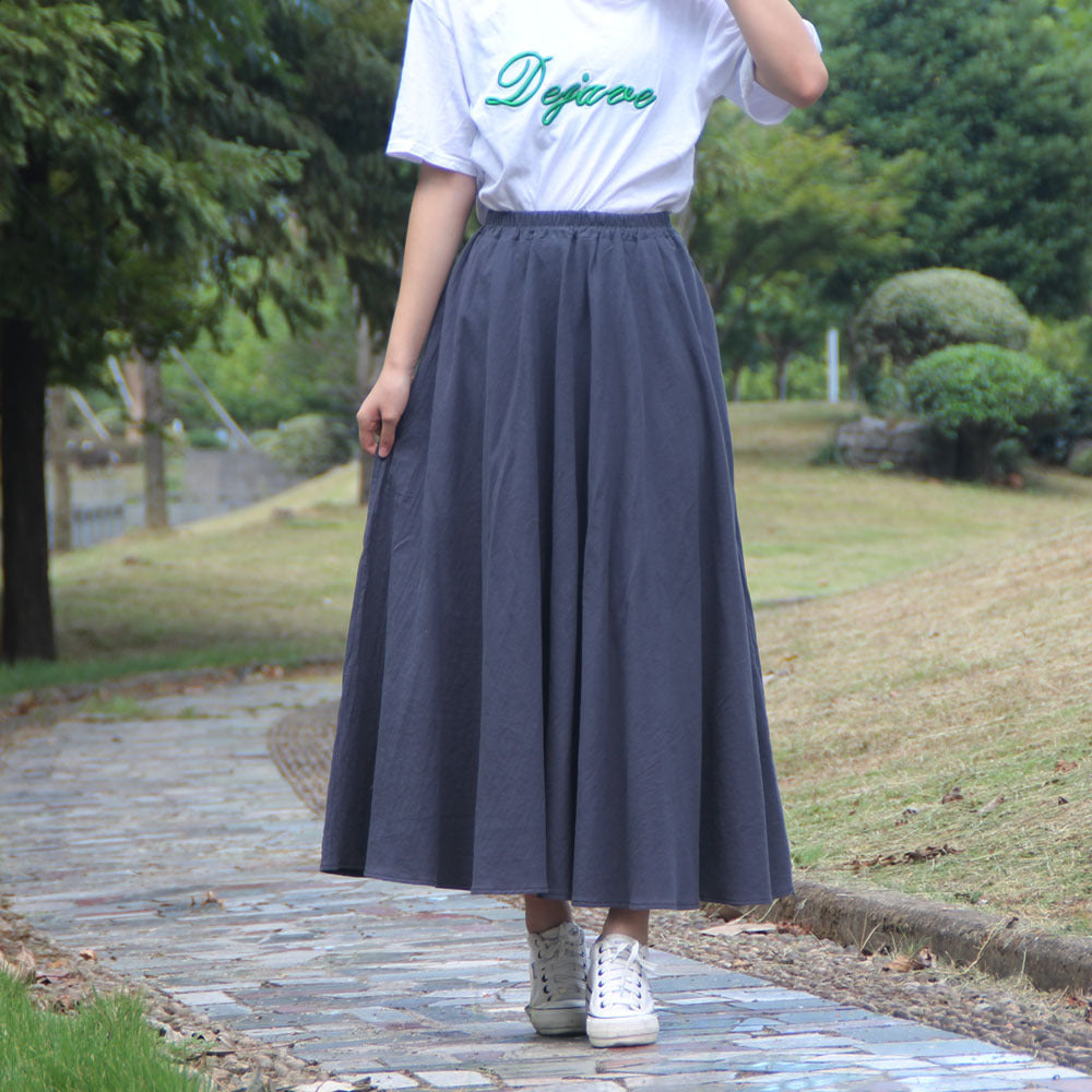 Washed Cotton And Linen Skirt Solid Color Elastic Waist With Big Swing Zou Ma