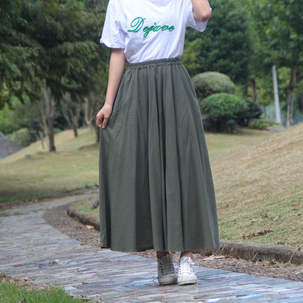 Washed Cotton And Linen Skirt Solid Color Elastic Waist With Big Swing Zou Ma