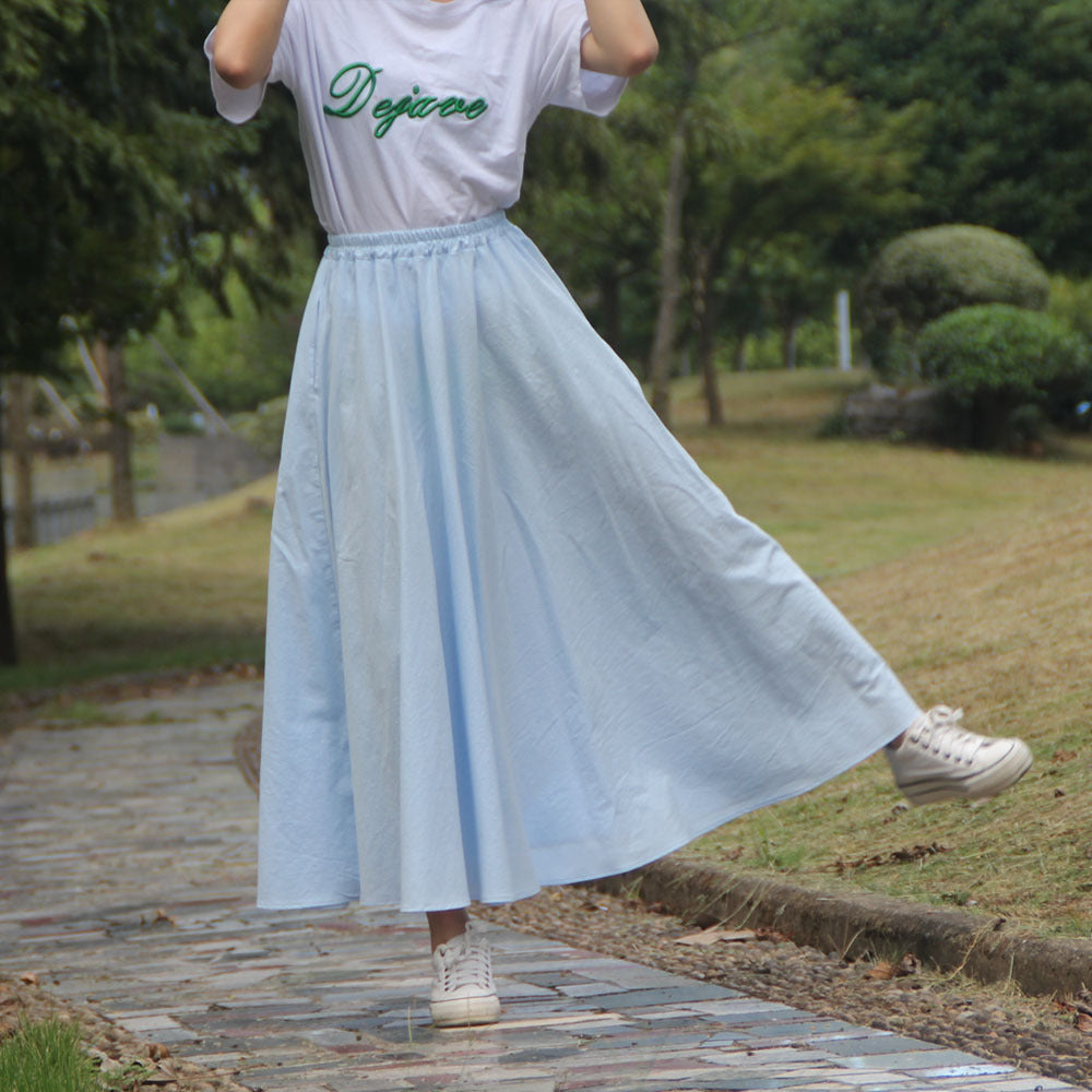 Washed Cotton And Linen Skirt Solid Color Elastic Waist With Big Swing Zou Ma