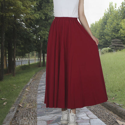 Washed Cotton And Linen Skirt Solid Color Elastic Waist With Big Swing Zou Ma
