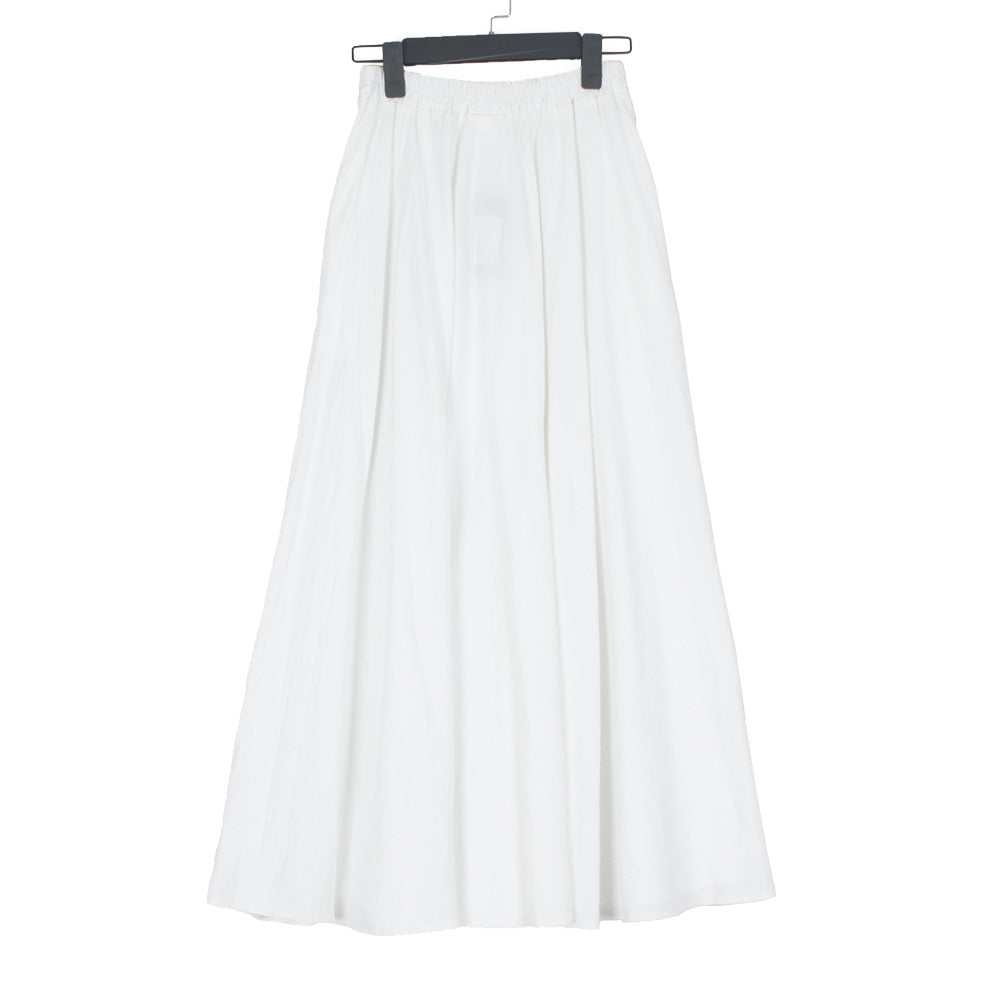 Washed Cotton And Linen Skirt Solid Color Elastic Waist With Big Swing Zou Ma