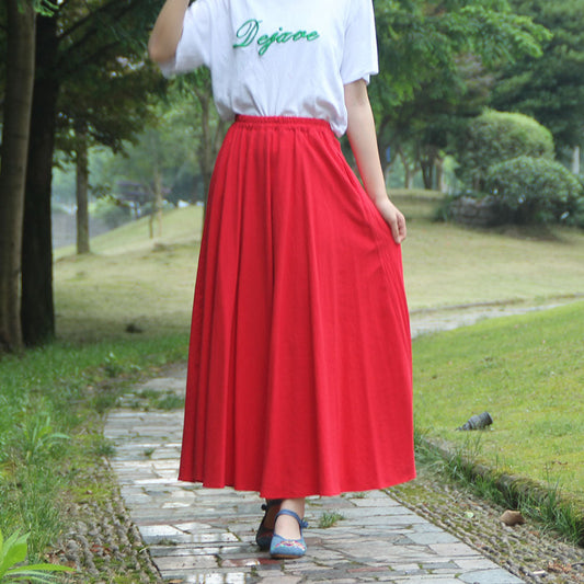Washed Cotton And Linen Skirt Solid Color Elastic Waist With Big Swing Zou Ma