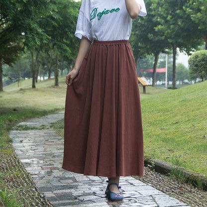 Washed Cotton And Linen Skirt Solid Color Elastic Waist With Big Swing Zou Ma