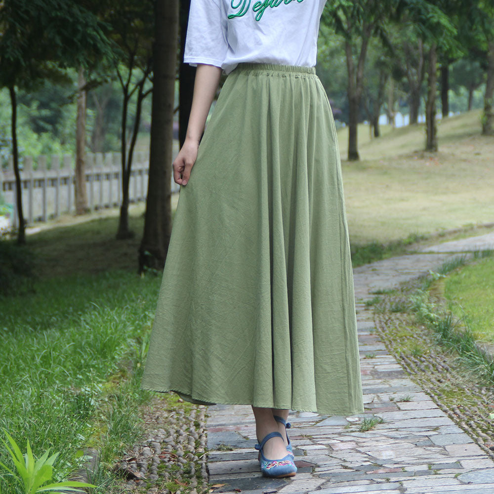 Washed Cotton And Linen Skirt Solid Color Elastic Waist With Big Swing Zou Ma