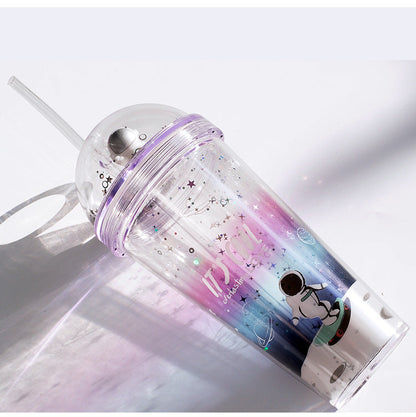 Girlwill Personality Gradient Space Flight Double Straw Cup Plastic Water Cup Creative Custom Summer Handy Cup