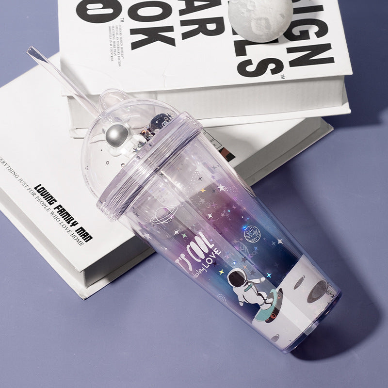 Girlwill Personality Gradient Space Flight Double Straw Cup Plastic Water Cup Creative Custom Summer Handy Cup
