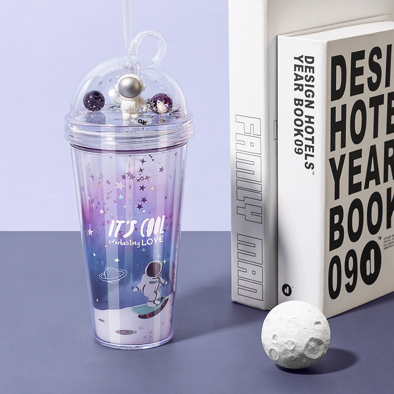 Girlwill Personality Gradient Space Flight Double Straw Cup Plastic Water Cup Creative Custom Summer Handy Cup