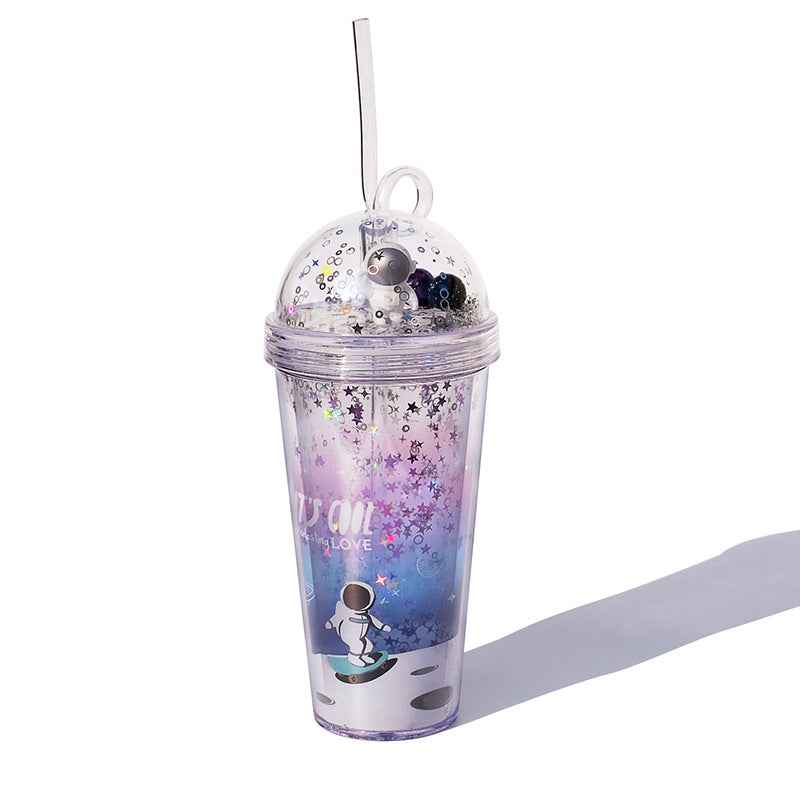 Girlwill Personality Gradient Space Flight Double Straw Cup Plastic Water Cup Creative Custom Summer Handy Cup