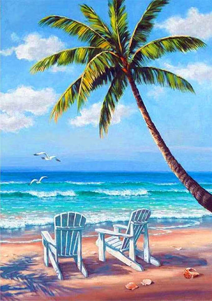 5D Diamond Painting Sunset Lighthouse Wave Coconut Tree Combination Landscape