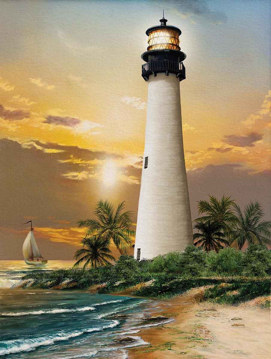 5D Diamond Painting Sunset Lighthouse Wave Coconut Tree Combination Landscape