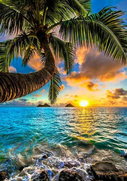 5D Diamond Painting Sunset Lighthouse Wave Coconut Tree Combination Landscape