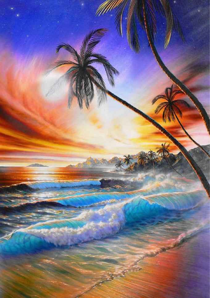 5D Diamond Painting Sunset Lighthouse Wave Coconut Tree Combination Landscape