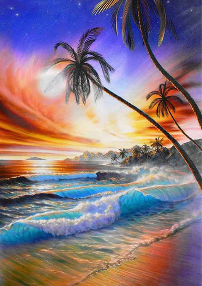 5D Diamond Painting Sunset Lighthouse Wave Coconut Tree Combination Landscape