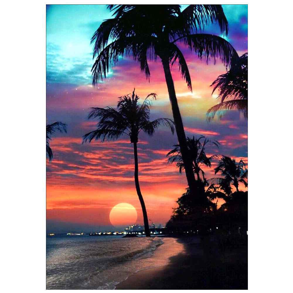 5D Diamond Painting Sunset Lighthouse Wave Coconut Tree Combination Landscape