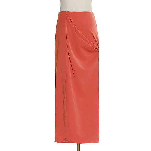 Spring And Summer Fashion Street Style Solid High Waist  Irregular Folds Orange Slim Buttocks Skirt
