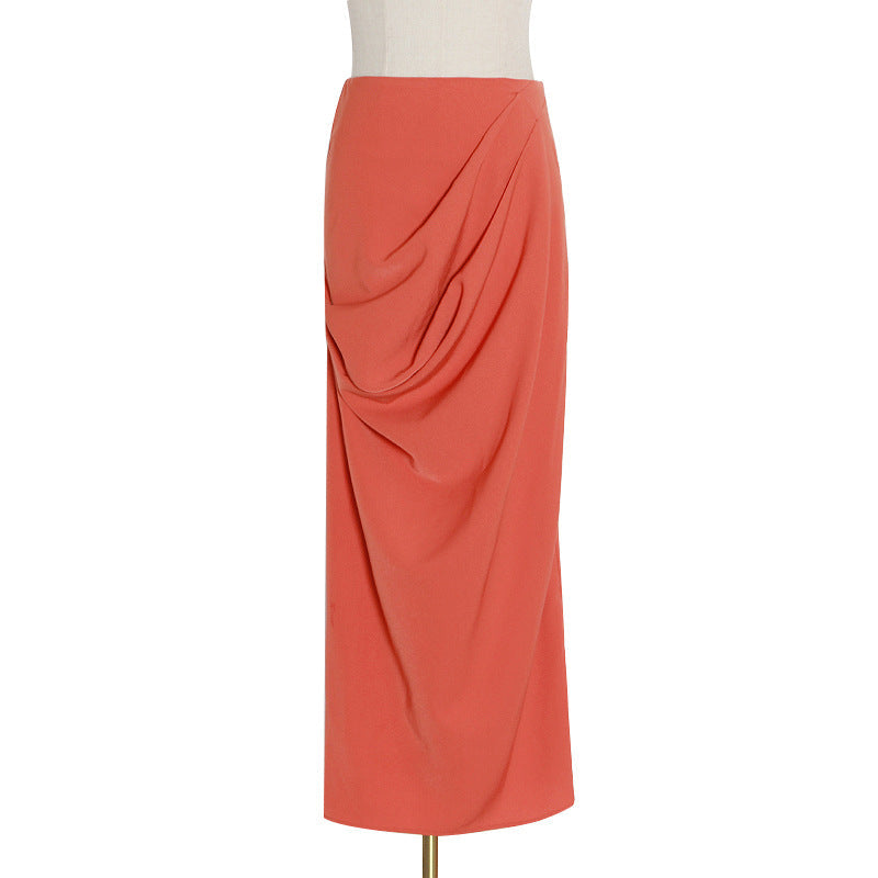 Spring And Summer Fashion Street Style Solid High Waist  Irregular Folds Orange Slim Buttocks Skirt