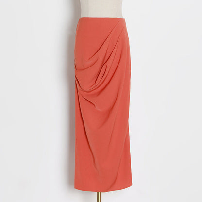 Spring And Summer Fashion Street Style Solid High Waist  Irregular Folds Orange Slim Buttocks Skirt