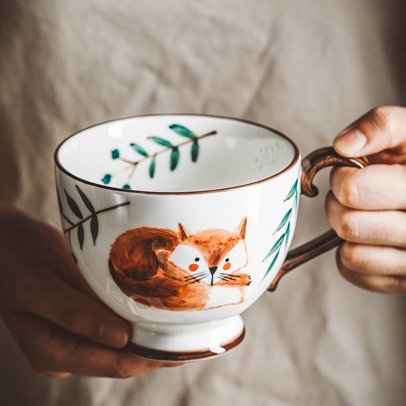 Retro Hand-painted Ceramic Mug Coffee Cup Afternoon Tea Cup Household Flower Tea Cup Hand-Painted Forest Animal Cup