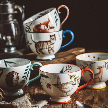 Retro Hand-painted Ceramic Mug Coffee Cup Afternoon Tea Cup Household Flower Tea Cup Hand-Painted Forest Animal Cup
