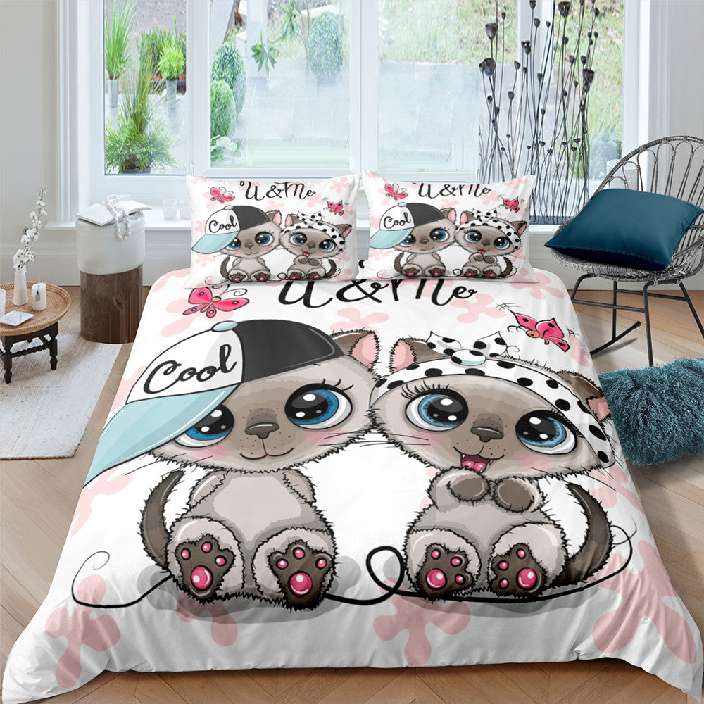 Pet Kitten Three-piece 3D Digital Printing Quilt Cover Pillowcase
