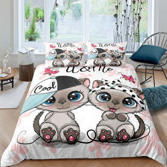 Pet Kitten Three-piece 3D Digital Printing Quilt Cover Pillowcase