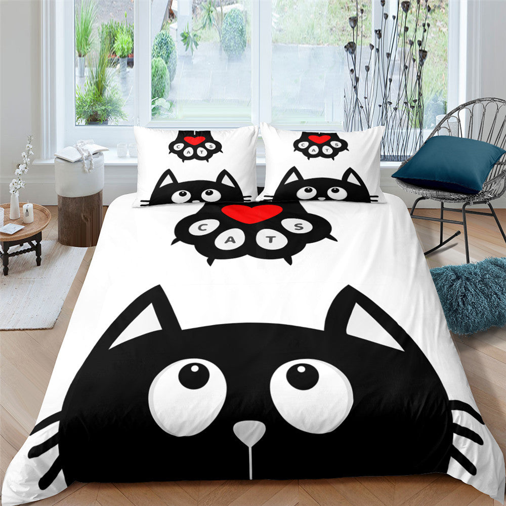 Pet Kitten Three-piece 3D Digital Printing Quilt Cover Pillowcase