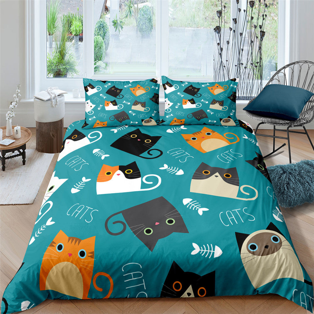Pet Kitten Three-piece 3D Digital Printing Quilt Cover Pillowcase