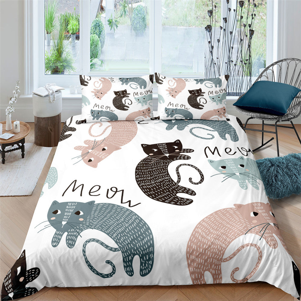 Pet Kitten Three-piece 3D Digital Printing Quilt Cover Pillowcase
