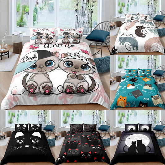 Pet Kitten Three-piece 3D Digital Printing Quilt Cover Pillowcase