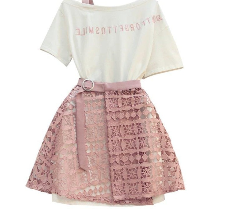 Oulder Long T Shirt & Hollow Out Lace Skirt Suits Skirts