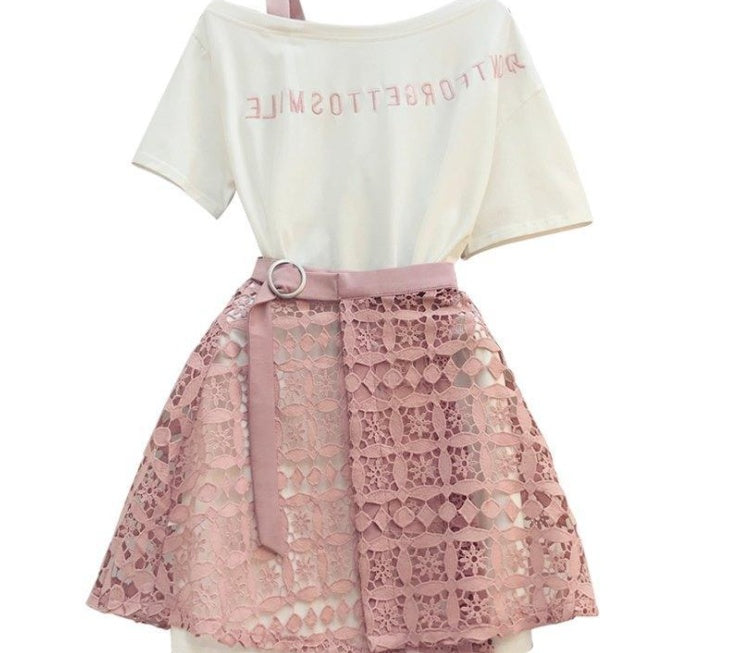 Oulder Long T Shirt & Hollow Out Lace Skirt Suits Skirts