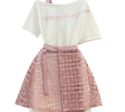 Oulder Long T Shirt & Hollow Out Lace Skirt Suits Skirts