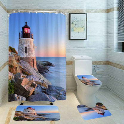 Waterproof Shower Curtain Sea Level Lighthouse Shower Curtain Floor Mat Set