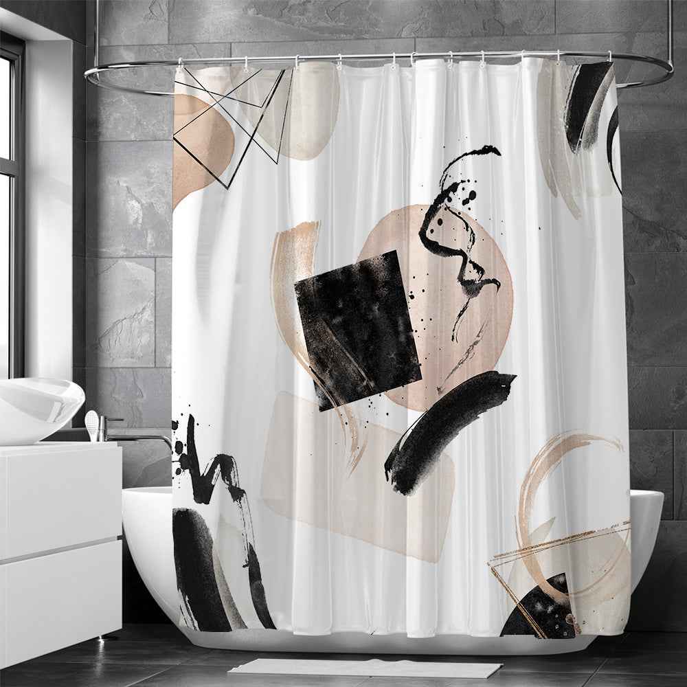 Modern Retro Neutral Waterproof Shower Curtain Set - Abstract Geometric Waffle Weave Fabric for Minimalist Bath Decor