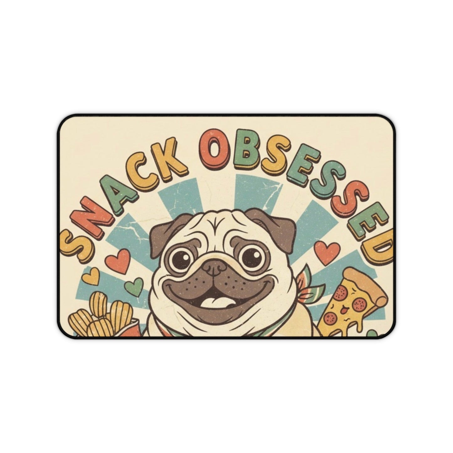 Snack Obsessed Pug Desk Mat — Cute Food Lover Mouse Pad